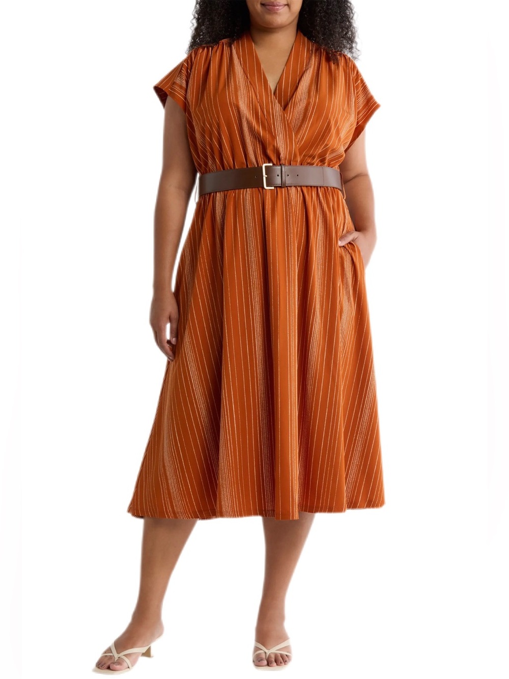 Calvin Klein Stripe Surplice V-Neck Belted Wrap Dress NWT